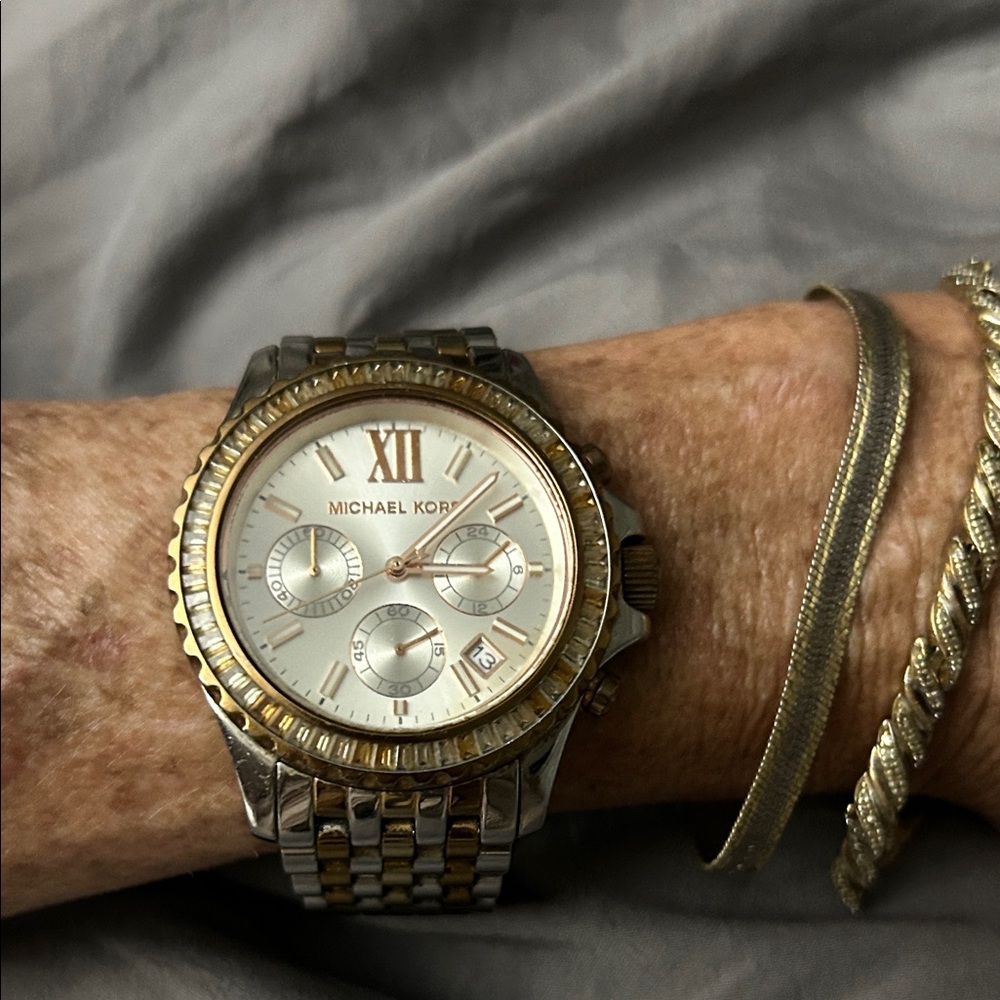 Michael Kors Silver and Gold Chronograph Watch. Needs battery.